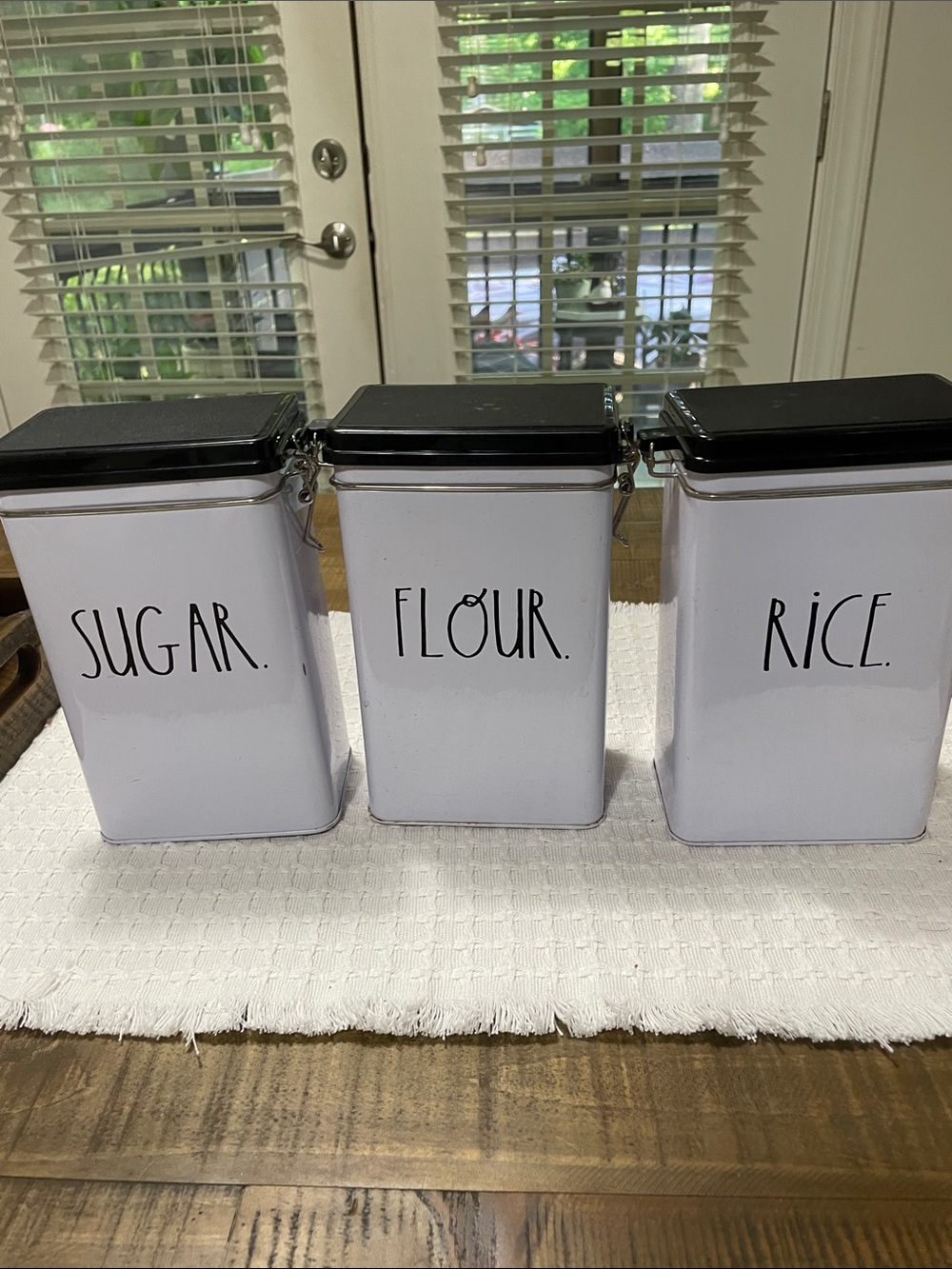 Rae Dunn White Canister Trio with Black Lids - Sugar Flour Rice